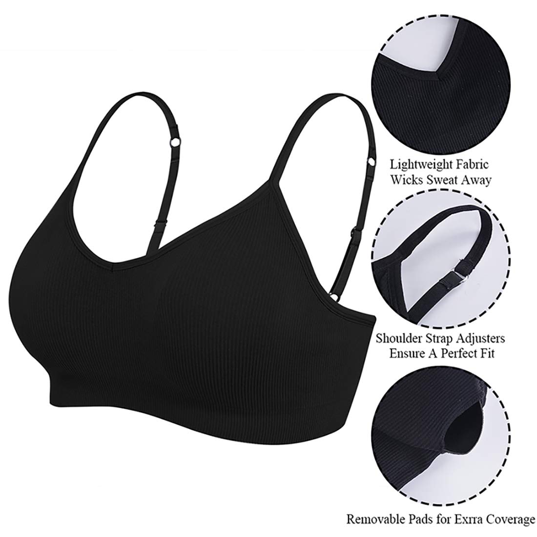 Vertvie - Reggiseno sportivo da donna, 2/3/4 pezzi, senza ferretto, imbottito senza cuciture, reggiseno a basso supporto nero/bianco/grigio chiaro. XL