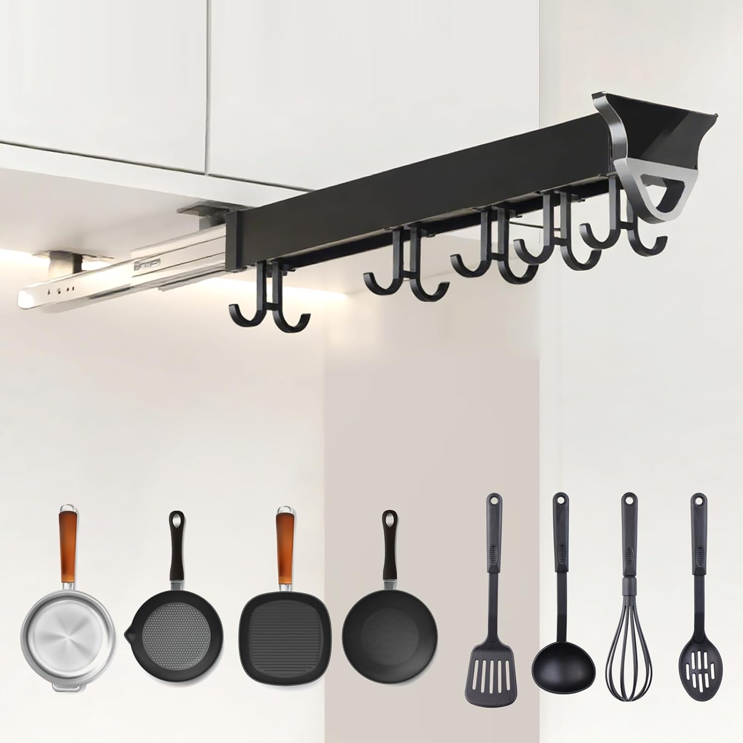 18HOOK Pull Out Hanging Pot Rack Adjustable, Movable Double Row Hooks Large Storage Capacity, Alloy Kitchen Holder Load 75LBS, Pull-out Storage Rack Efficient Space Saving (black, L:20.07in (18HOOKS))