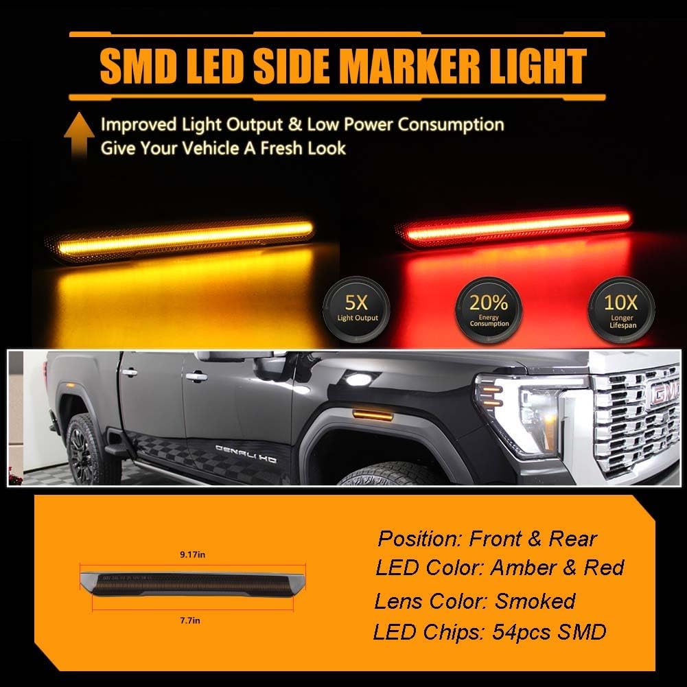 Front & Rear Fender LED Side Marker Lights for 2020-2024 GMC Sierra 2500HD 3500HD Pickup Truck, Sierra Smoked Lens Side Bumper Marker Lamps, Amber & Red LED Turn Signal Lights, 4 PCS