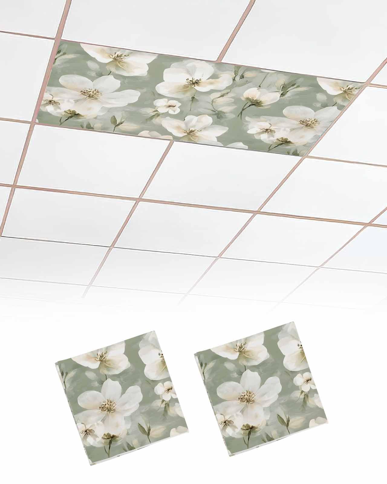 EwdeWwo Floral 2 Pcs Fluorescent Light Covers for Ceiling Lights, Sage Green Watercolor Flowers Magnetic Light Filters for Eliminate Harsh Glare Classroom Office Decoration, 4 x 2 Ft