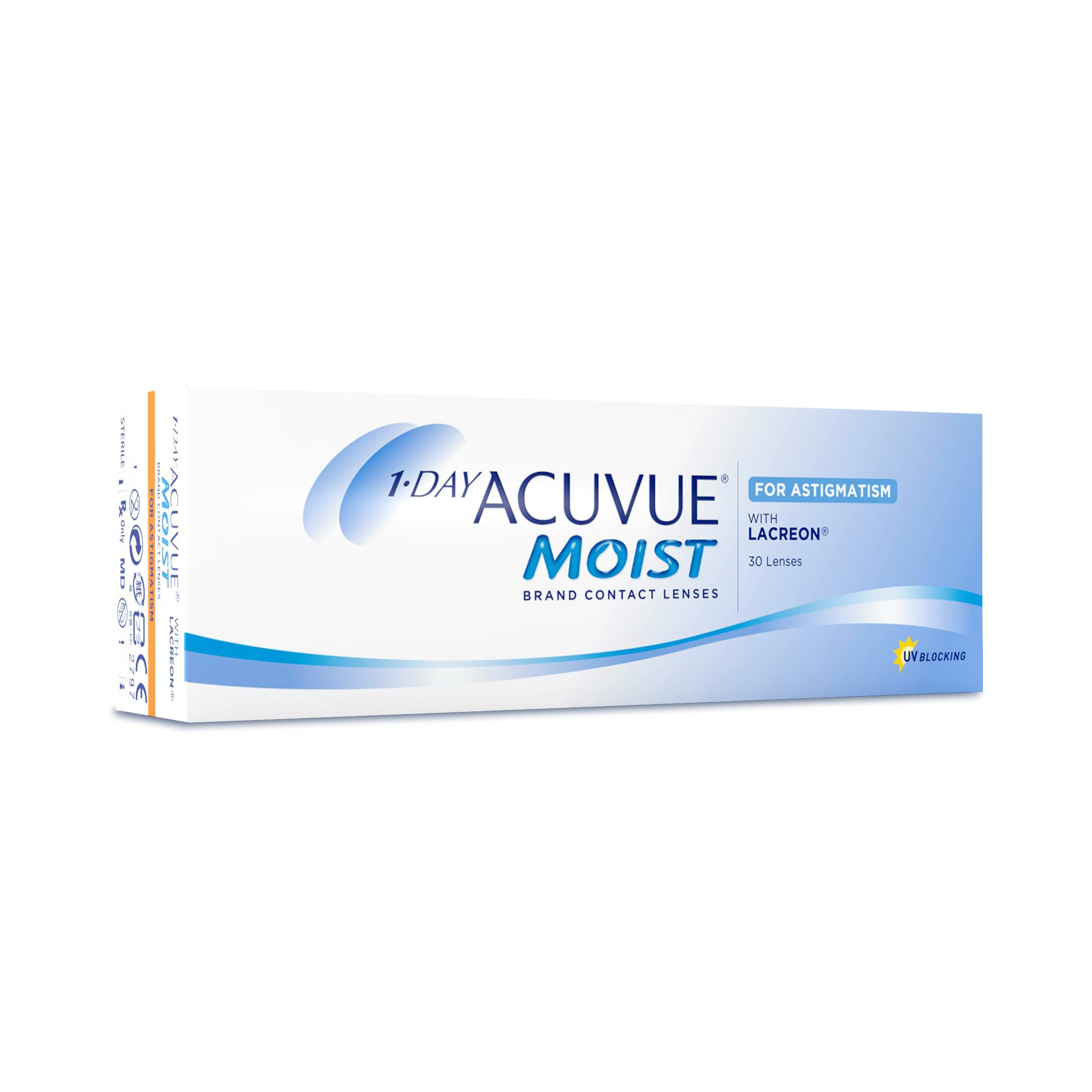 ACUVUE MOIST 1-DAY for Astigmatism Tageslinsen – Tageskontaktlinsen mit -1.75 dpt, Cyl -0.75, Ach 180 & BC 8.5 – UV Schutz, feuchtigkeitsspendend & angenehmes Tragegefühl – 30 Linsen
