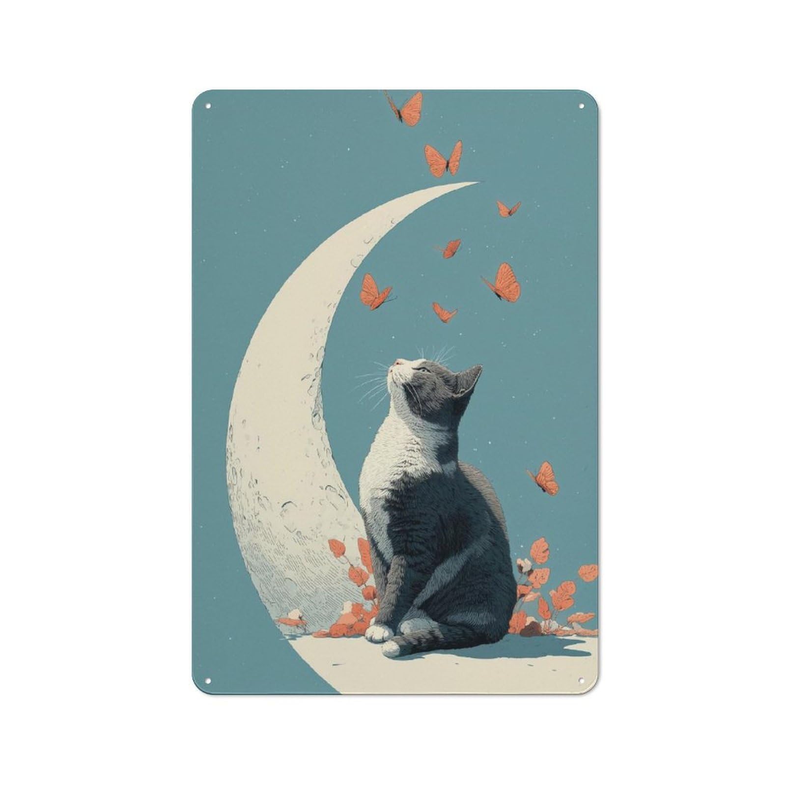 Junmoney Style-5 Cat, Moon, And Butterflies Illustration Tin Wall Sign 30X20cm, Retro Novelty Wall Art For Bedroom, Kitchen, Office Or Living Room
