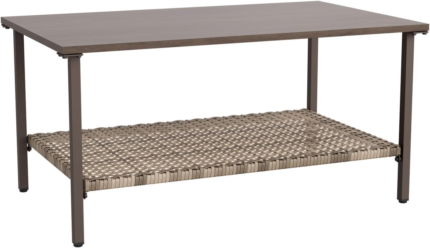 EAGLE PEAK Coastal Vista Outdoor Table with Wicker Shelf for Garden, Patio, Poolside and Porch, Rectangular, Wood Grain Top