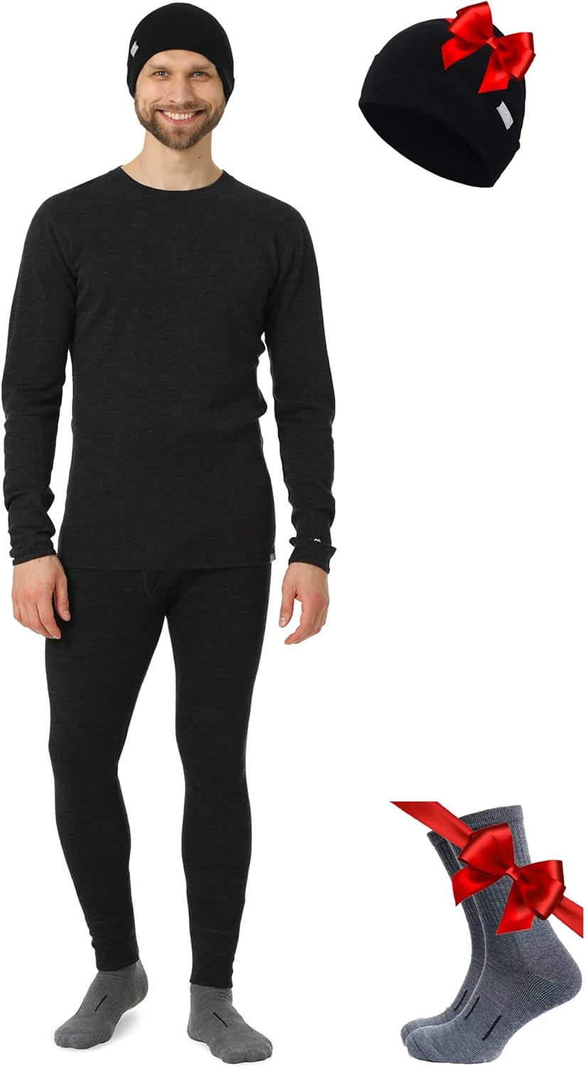 Merino.tech Merino Wool Base Layer Mens Set + Beanie - Midweight Merino Wool Mens Thermal Underwear Set Top, Bottom