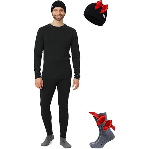 Merino.tech Merino Wool Base Layer Mens Set + Beanie - Midweight Merino Wool Mens Thermal Underwear Set Top, Bottom