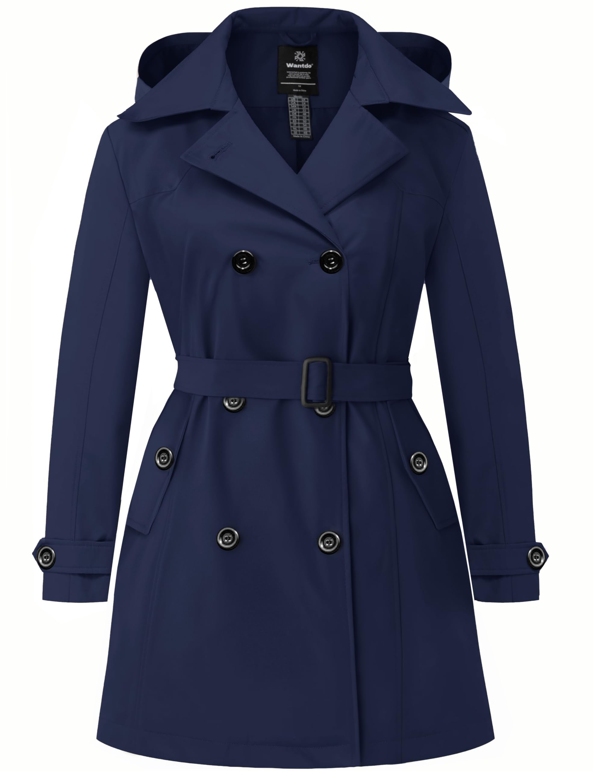 wantdo Womens Plus Size Trench Coat Double-Breasted Waterproof Lapel Overcoat Stylish Pea Coat with Detachable Hood