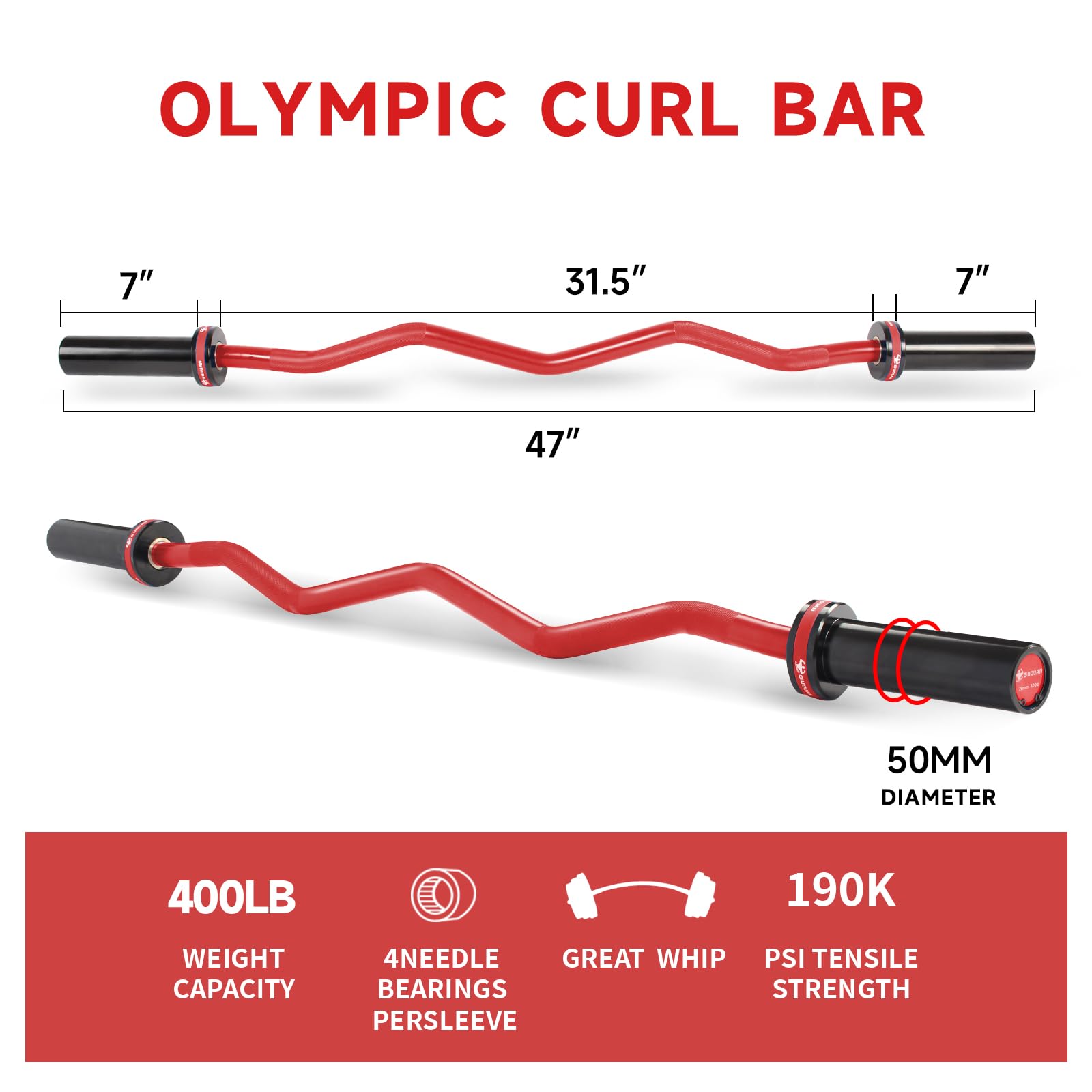 GUQUAN Olympic EZ Curl Barbell Bar, 400LBS Weight Capacity Olympic Curl Bar, 4ft Barbell Weight Bar with Knurled Grip for 2 Inch Weight Plates, Hip Thrusts,Squat,Biceps-Home Gym Weight Bar