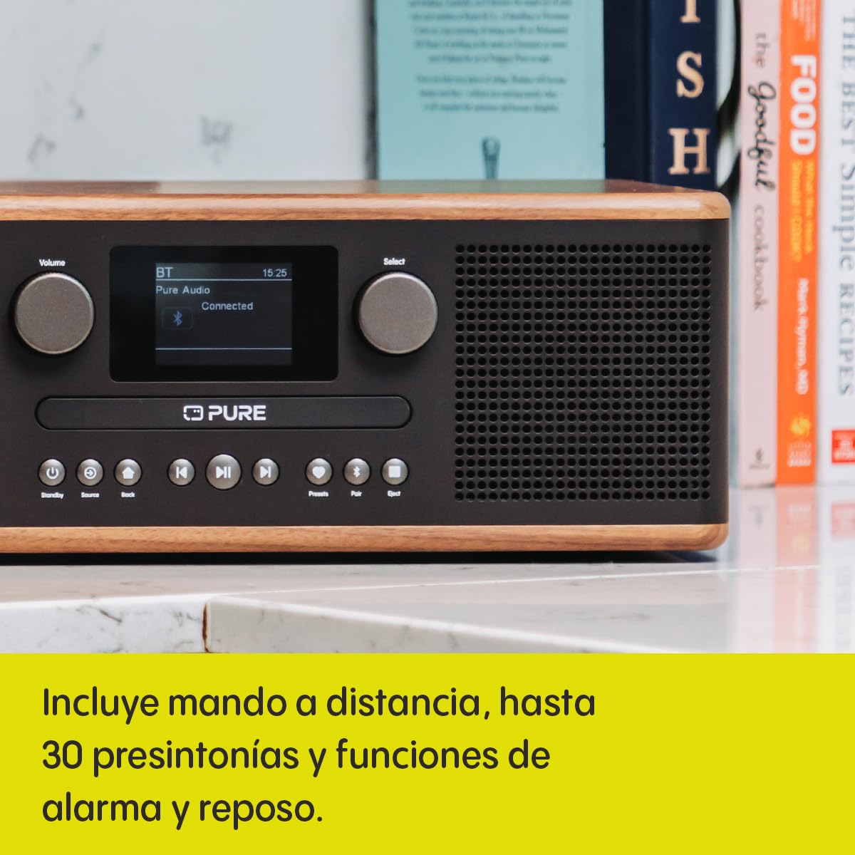 Pure Classic C-D6 Equipo de música (Reproductor de CD, Dab+/FM, Bluetooth, AUX, USB, Alarma Sleeptimer) Café Negro/Nogal
