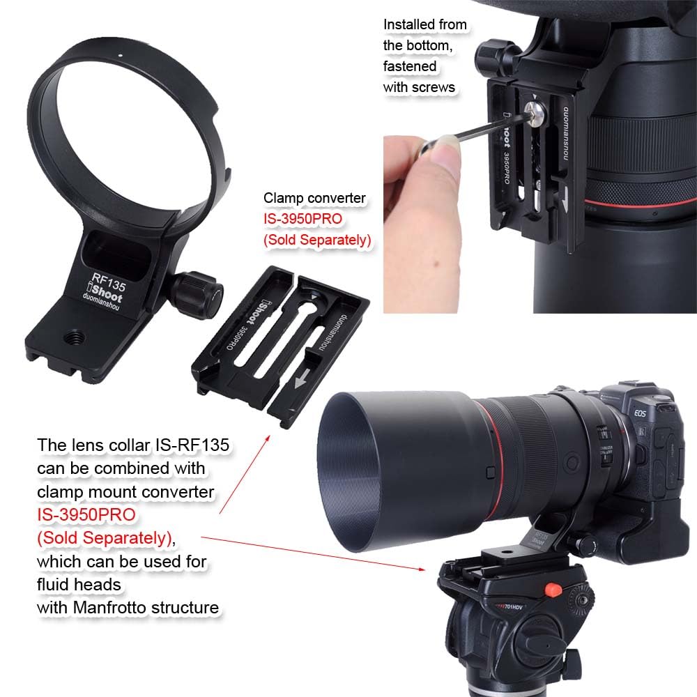 iShoot Metall-Objektiv-Kragen-Stativ-Halterungsring, kompatibel mit Canon RF 135 mm f/1.8 L IS USM & Arca Fit Stabilisator, Objektivstützhalterung, Unterseite ist Arca-Swiss Fit Schnellwechselplatte