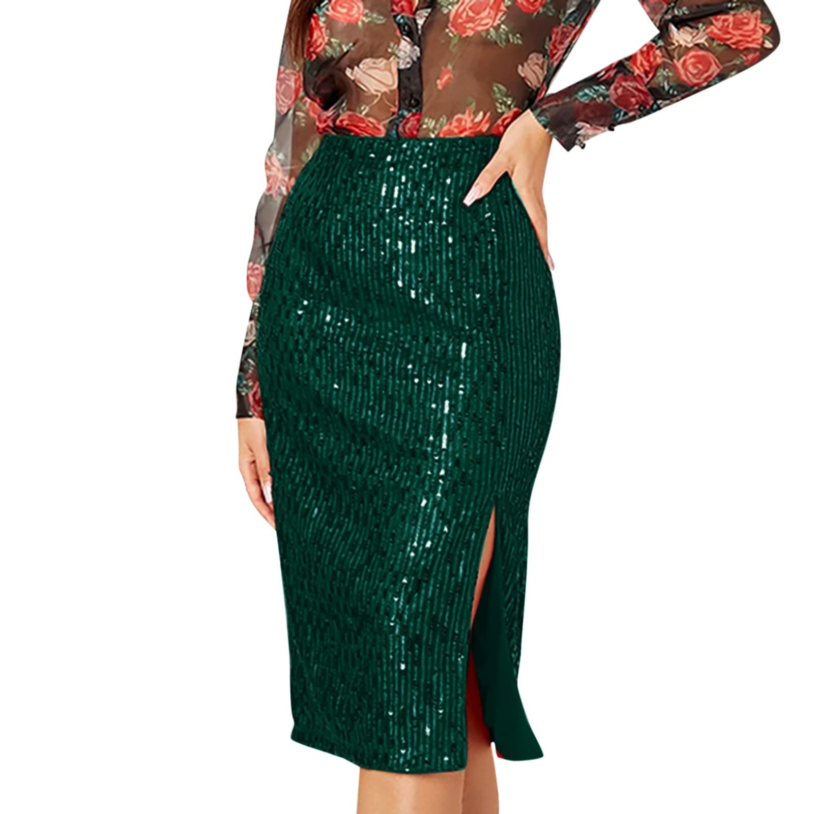 Sexy Pailletten Rock Damen mit Schlitz - Glitzer Rock Damen Midi Röcke High Waist Stretch Figurbetont Wickelrock Curvy Taillierter Paillettenrock Elegant Glitzerrock Frauen Midirock
