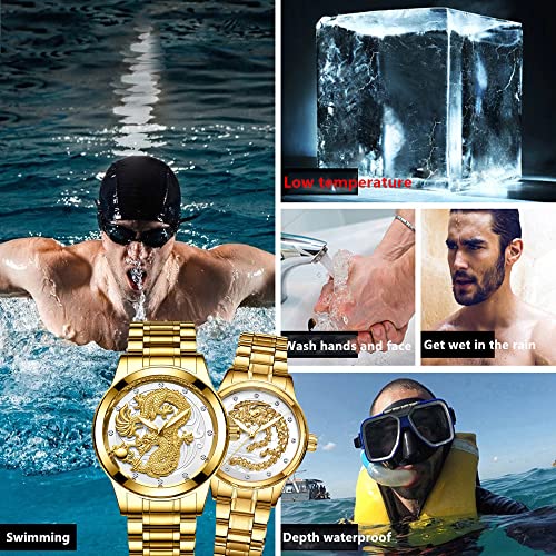 Image of Goodern Couple Pair Watches Luminous Stainless Steel His and Hers Dragon Wristwatch Large Face Quartz Watch for Men & Women His and Her Couple Watches Romantic Quartz Waterproof Classic Couple Watch
