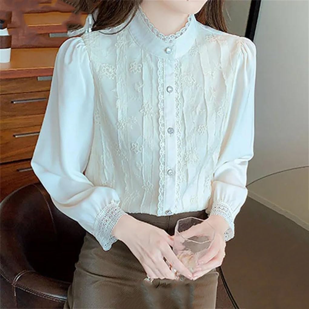 Blusa de manga larga con cuello alto para mujer, de gasa, con botones, para oficina, trabajo, negocios