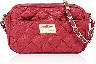 Classic Vegan Leather Small Crossbody Handbag - Rectangle Camera Travel Purse Satchel Shoulder, Round Messenger Bag (Camera Chain Crossbody - Quilted Red)