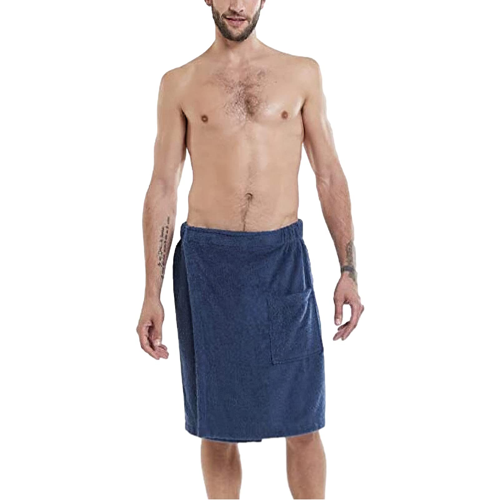 Hombre Toalla de Baño de Sauna Ajustable - Toalla de Playa Portátil con Bolsillo para Ducha SPA Piscina & Gimnasio Azul Marino L