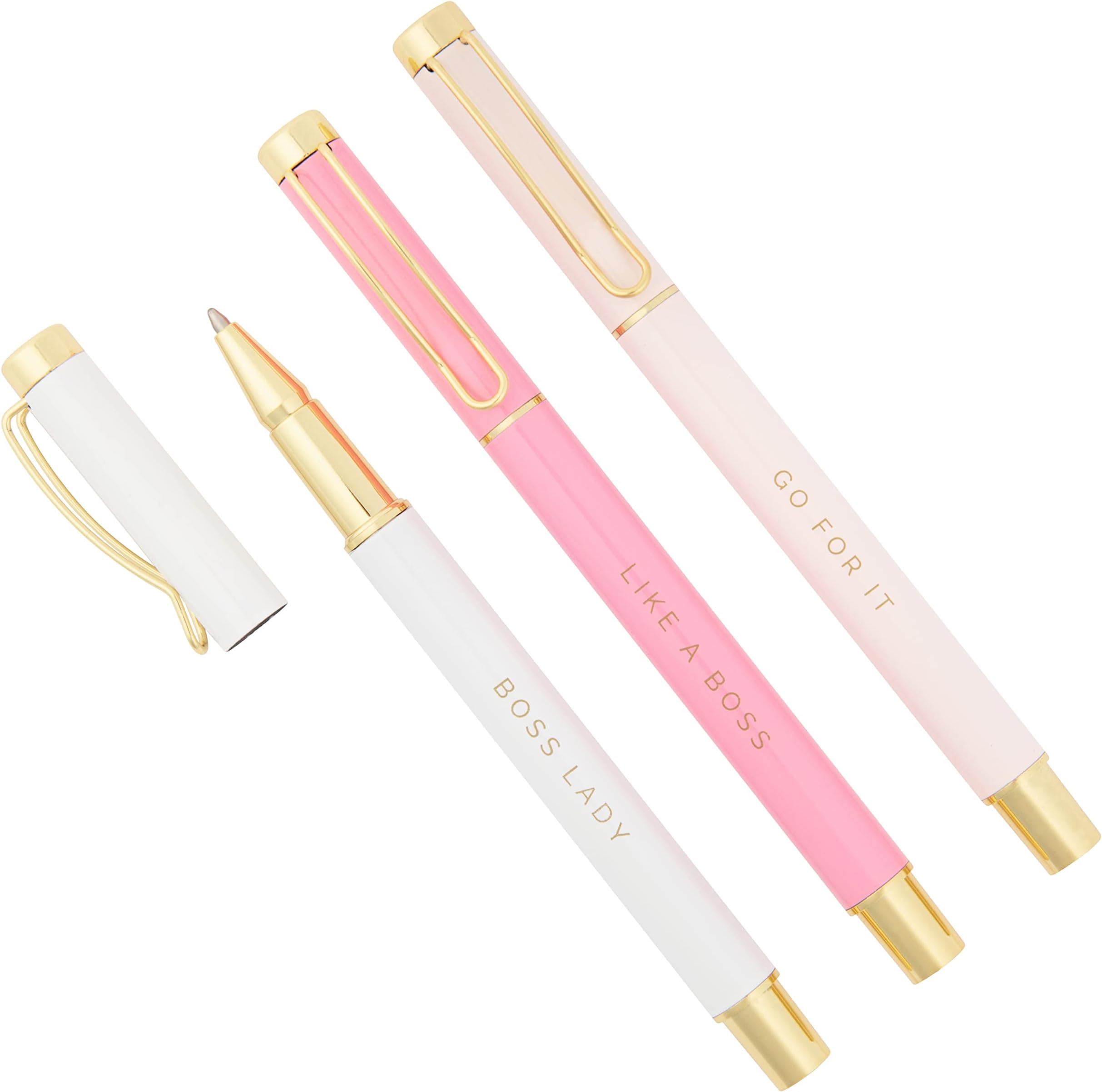 Sweet Water Decor Metal Boss Lady Pen Set - Gifts for Bosses, New Jobs, Graduation, Pens for Women Journaling - Medium Ballpoint Pens with Black Ink - Refillable Three Piece Pen Set