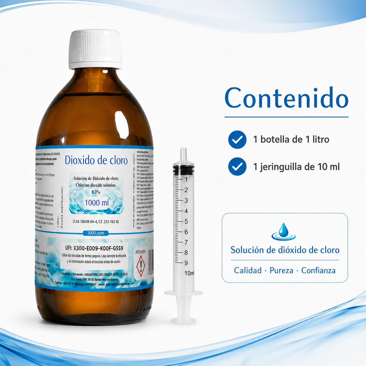 Dioxido de Cloro 3000ppm - CDS 0,3% - Envasado en Botella Cristal Ambar - Fabricado en España (1000ml)