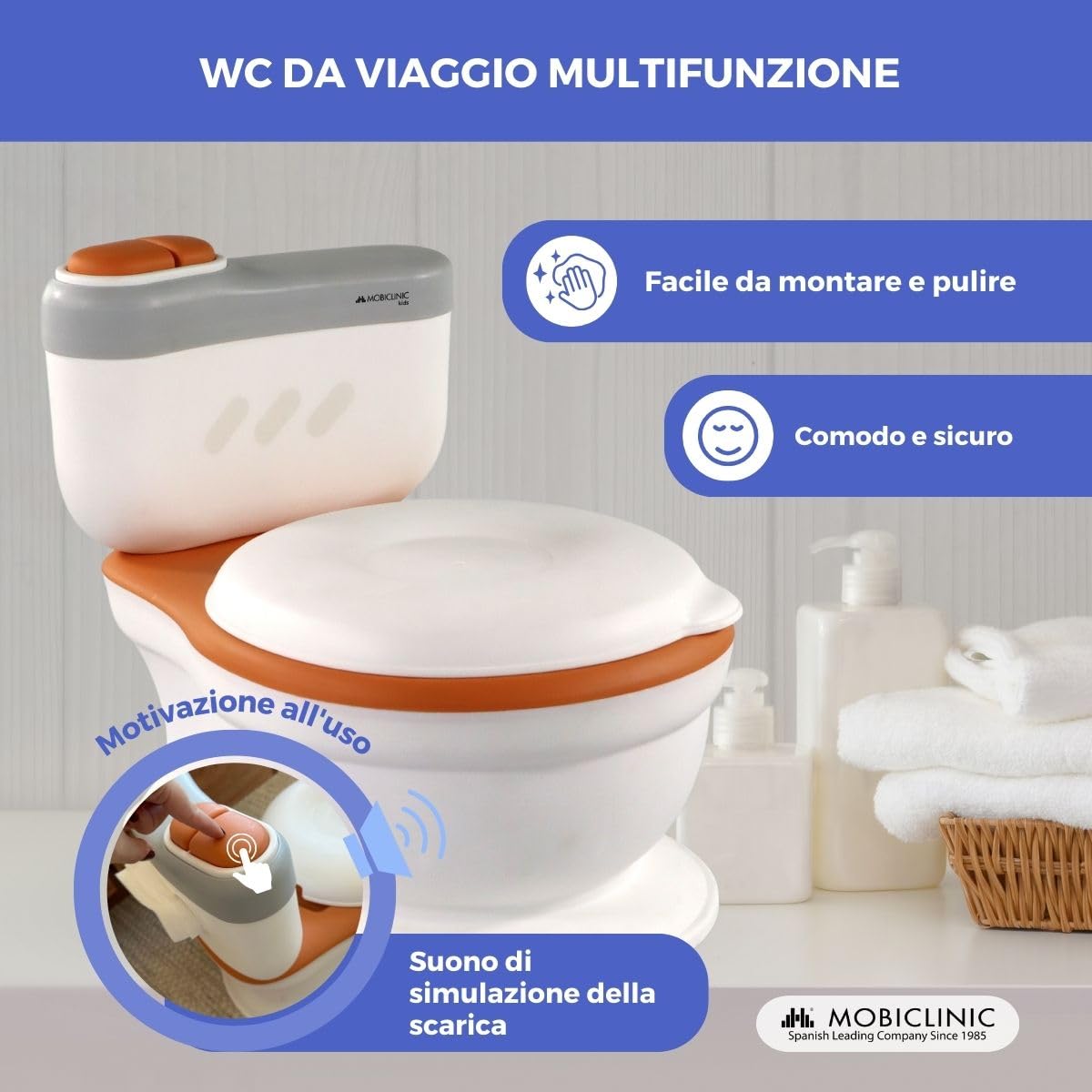 Mobiclinic® kids, Vasino, Toikid, Età 1-3 anni, Con coperchio, Risciacquo acustico, Scomparto per la carta igienica, Funzionamento a batteria, Secchio rimovibile, Sedile impermeabile (arancione)