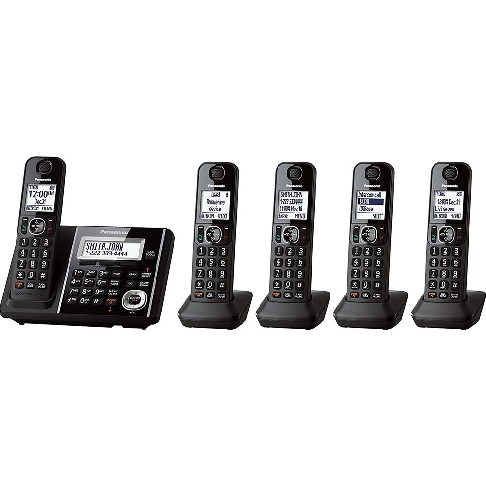 Panasonic Cordless Phone System with Answering Machine, One-Touch Call Block, Enhanced Noise Reduction, Talking Caller ID and Baby Monitor - 5 Handsets - KX-TGF345B (Black)