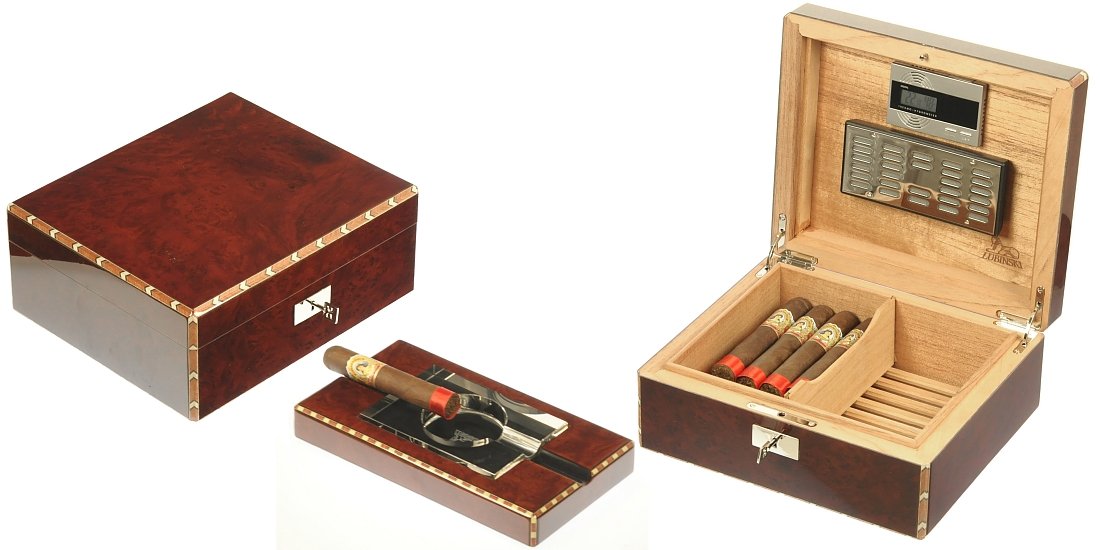 LUBINSKI Zigarettenbox Humidor Luftbefeuchter für 50 Zigarren aus Kalfwurzel glänzend E44164