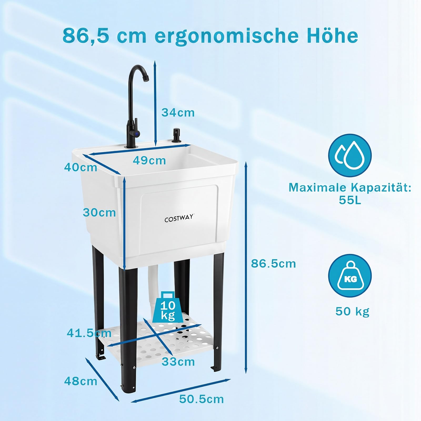 COSTWAY Ausgussbecken, Waschbecken mit Ablage, Abtropff & 360° Wasserhahn, inkl. Abflussgarnitur, Spülbecken für Garage Garten Waschküche, Küchenspüle aus Kunststoff Metall, 50,5 x 48 x 120,5 cm, Weiß