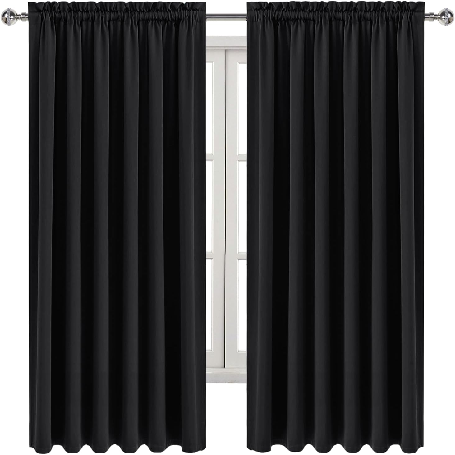 DWCN Blackout Curtains for Living Room Thermal Insulated, Energy Saving & Noise Reducing Bedroom Curtains, Black, W 70x L 63 Inch, Set of 2 Rod Pocket Curtain Panels