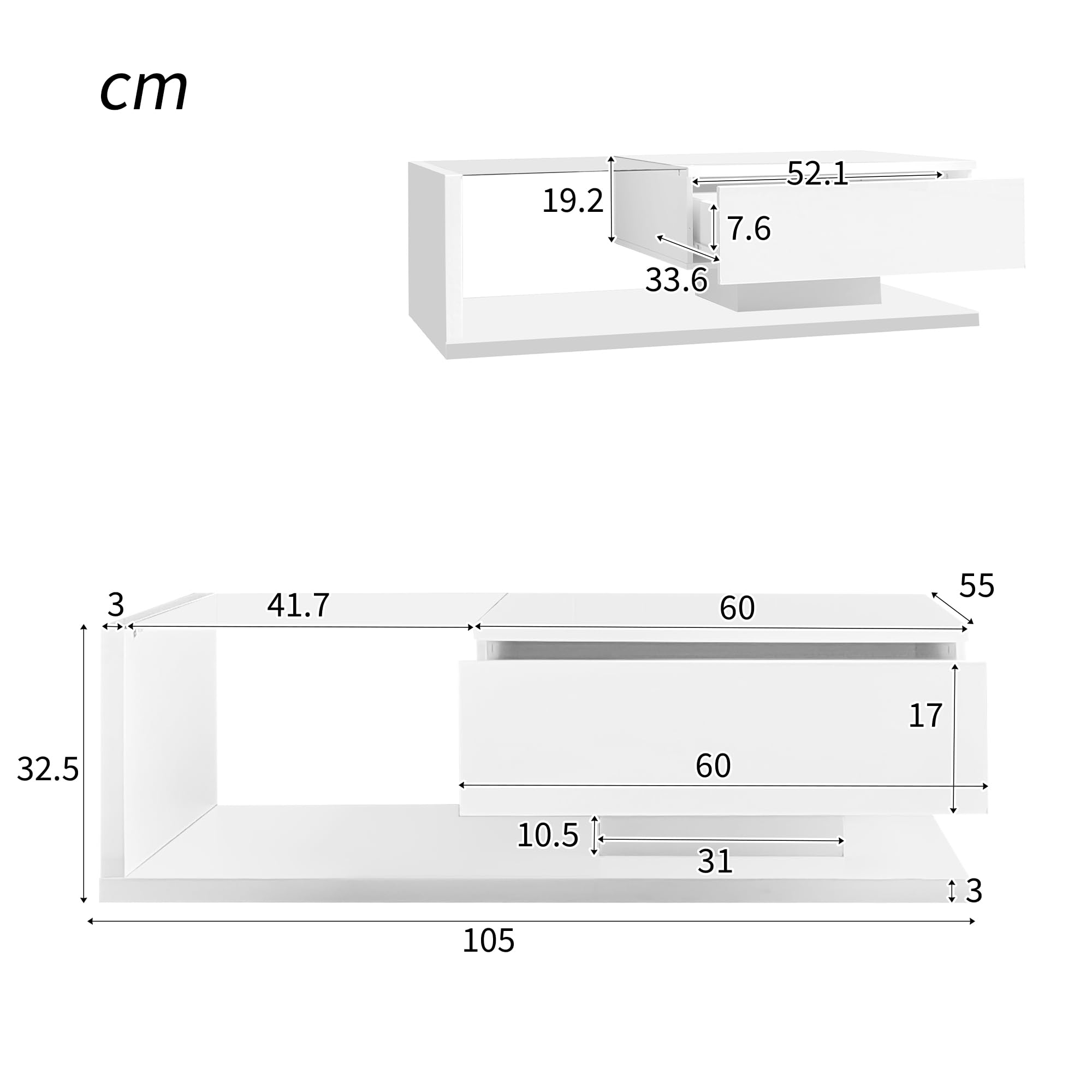 BTM Couchtisch, Hochglanz-Weiß. Beistelltische, Couchtische mit Glas und LED-Effekt