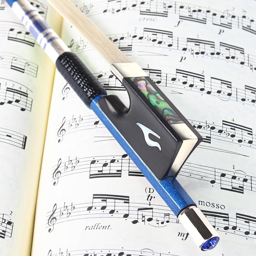 Yinfente Archetto per violino 4/4 in fibra di carbonio naturale bianco mongolo, rana in ebano con bel intarsio, testa di arco con diamante, 74 cm, 60 g, buona flessibilità/equilibrio (blu)