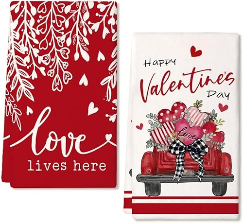 Miniatura 1 de ARKENY AD167 - Juego de 2 toallas de cocina para el día de San Valentín, diseño de búfalo rojo, hojas de amor, 18 x 26 pulgadas, decoración de boda