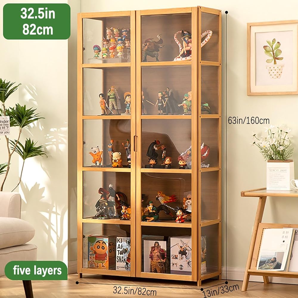 Armadietti curio con ante in vetro vetrina, vetrina curio con telaio in bambù naturale, sicuro e sano, design a doppia anta per una comoda conservazione (dimensioni: 32,5 N/82 cm/5F, colore: grigio