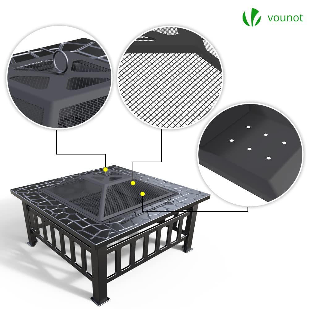 VOUNOT® Brasero Exterieur avec Couverture en Maille Poêles à Bois Multifonctionnelle pour Jardin Terrasses Balcon Poêle Chauffant 81x81x45cm Noir