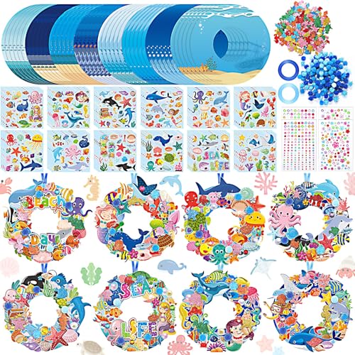Hollowfly 48 Sets Wreath Craft Kits DIY Wreath Hanging Ornaments Make Your Own Paper Craft with Stickers for Home Party Decor Activities(Summer Ocean)