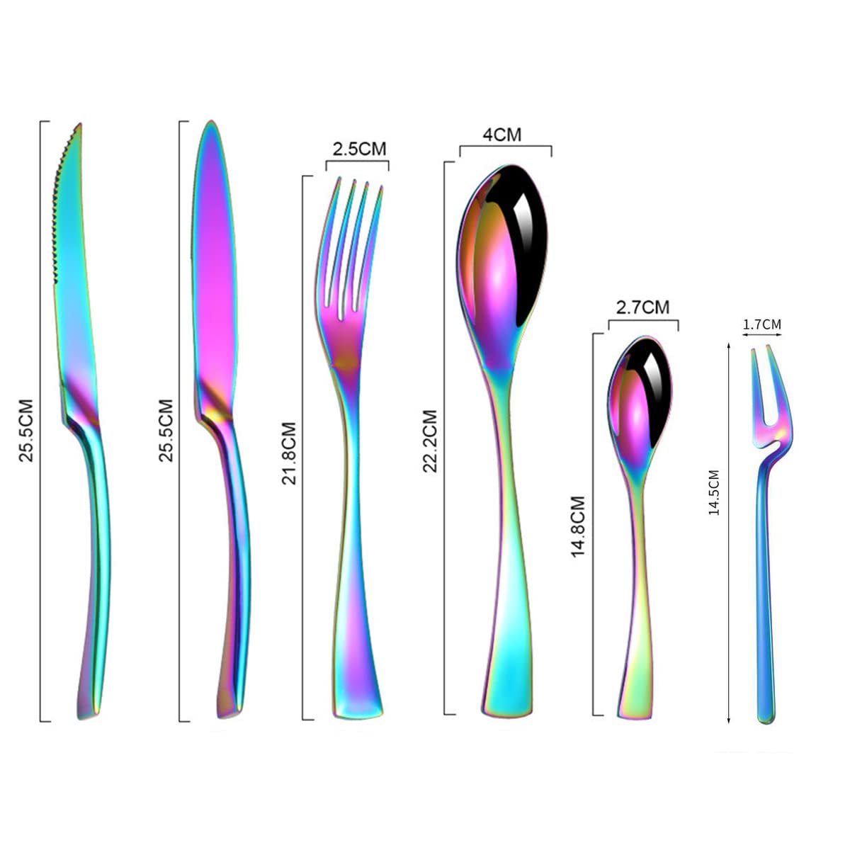 Juego de cubiertos de 24 personas, multicolor, juego de cubiertos de 24 piezas, incluye cuchillo de mesa, cuchillo de carne, tenedor de ensalada, cubiertos de acero inoxidable pulido espejo