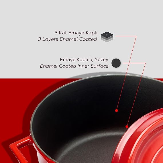 Lava Casting Round Pot, Trendy, 28cm, 6.71 L Volume, Red