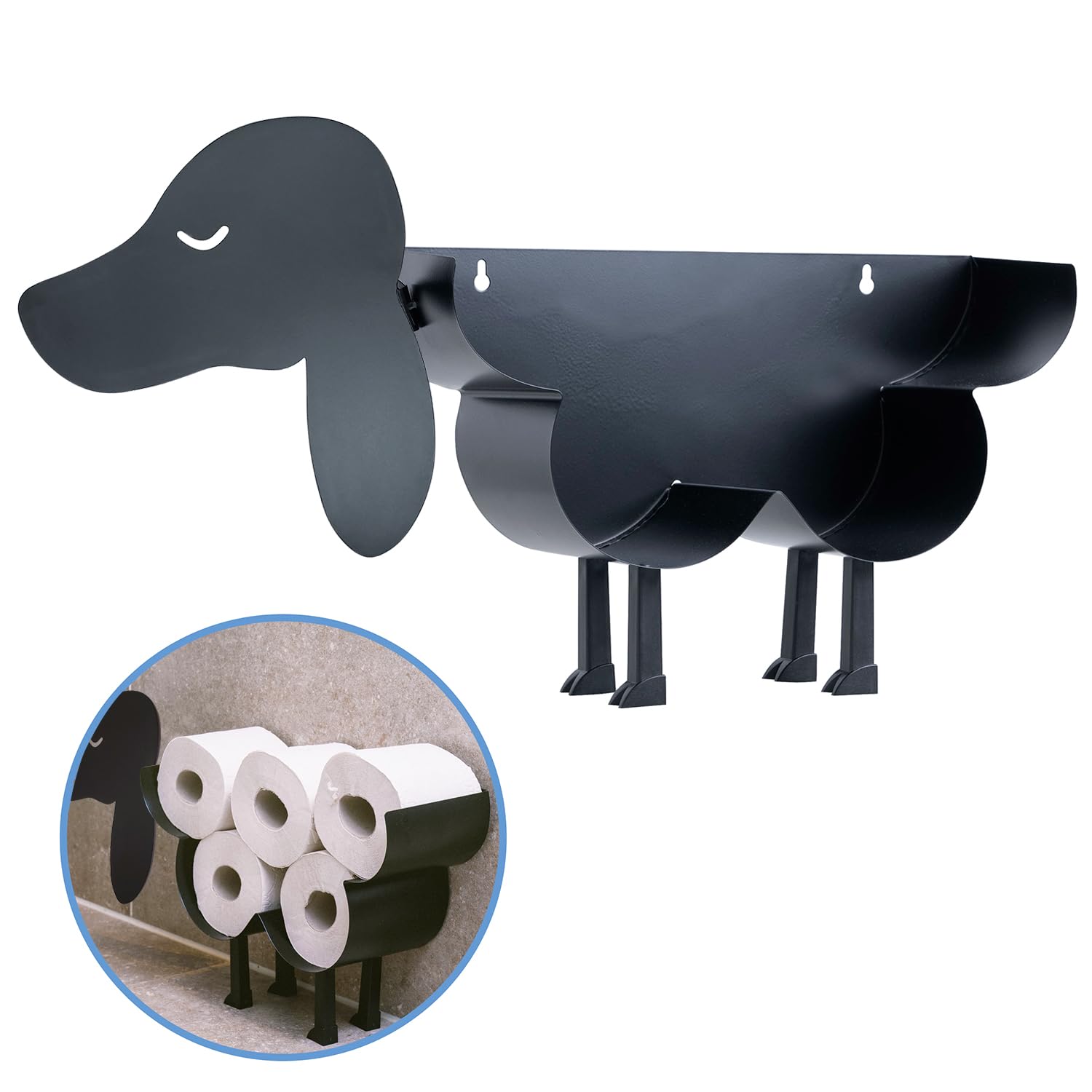 Ersatzrollenhalter Freistehend - WC Papierhalter Hängend - Wandhalterung - Hund - Toilettenpapierhalter Tiere - Schwarz