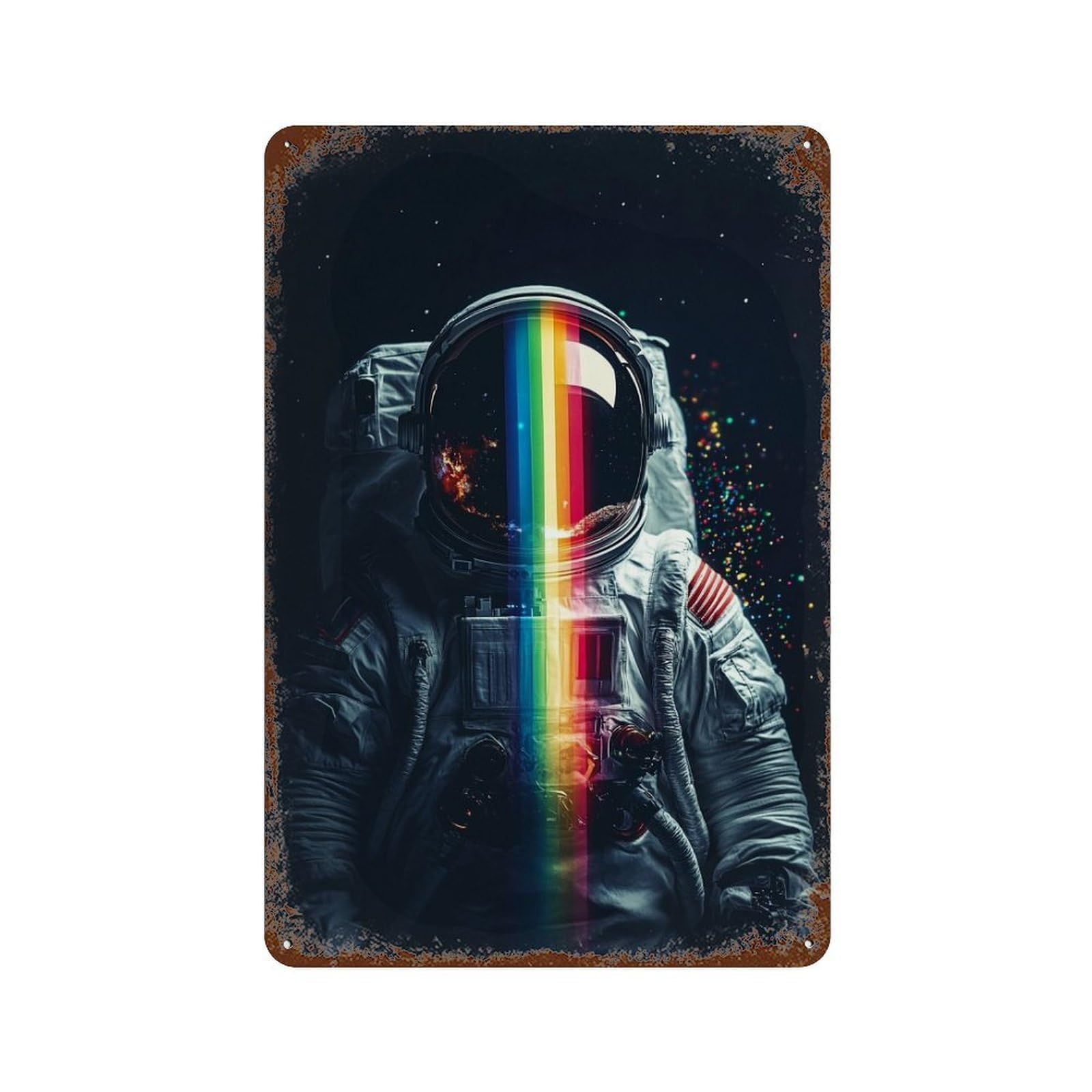 Astronaut with Rainbow Helmet Weathered Tin Sign 11.8"x7.9", Rustic Home Decor for Garage, Bar And Workshop Decor