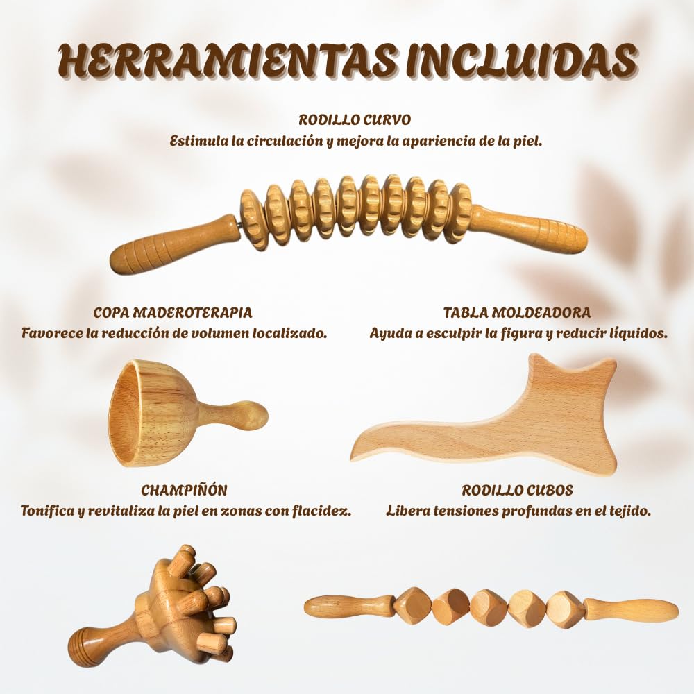 Pack de Maderoterapia Corporal Profesional para Masajes Relajantes y Celulitis con Instrucciones Qr – Compuesto por Tabla Moldeadora, 2 Rodillos, Champiñón y Copa.