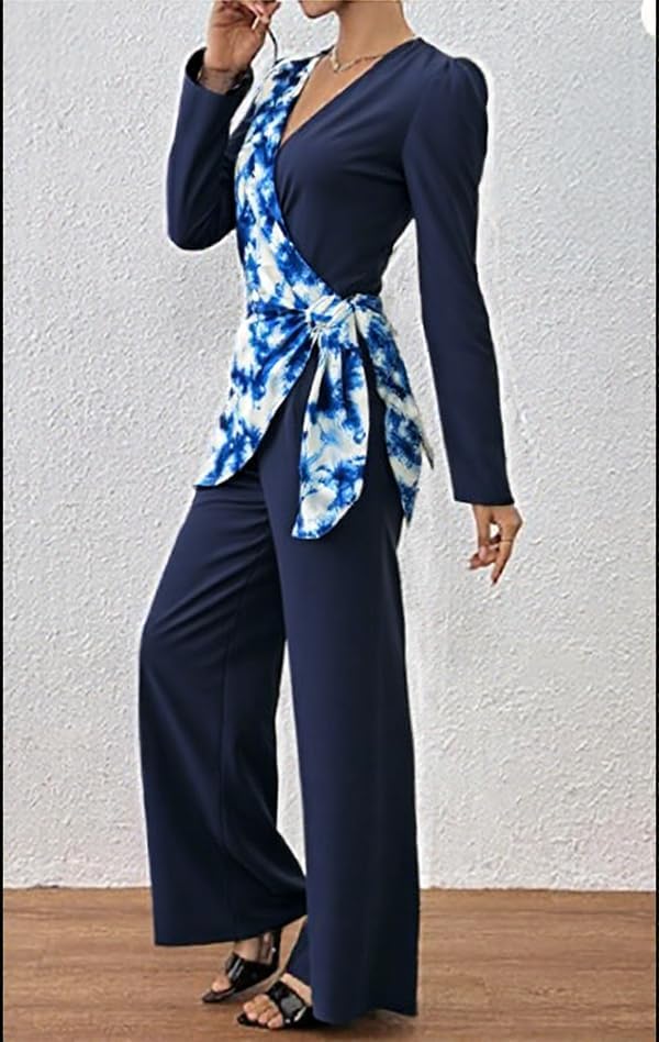 Long Sleeve Jumpsuit For Women V-neck And Wrap High Waist Wide Leg Business Casual Jumpsuit - Image 3