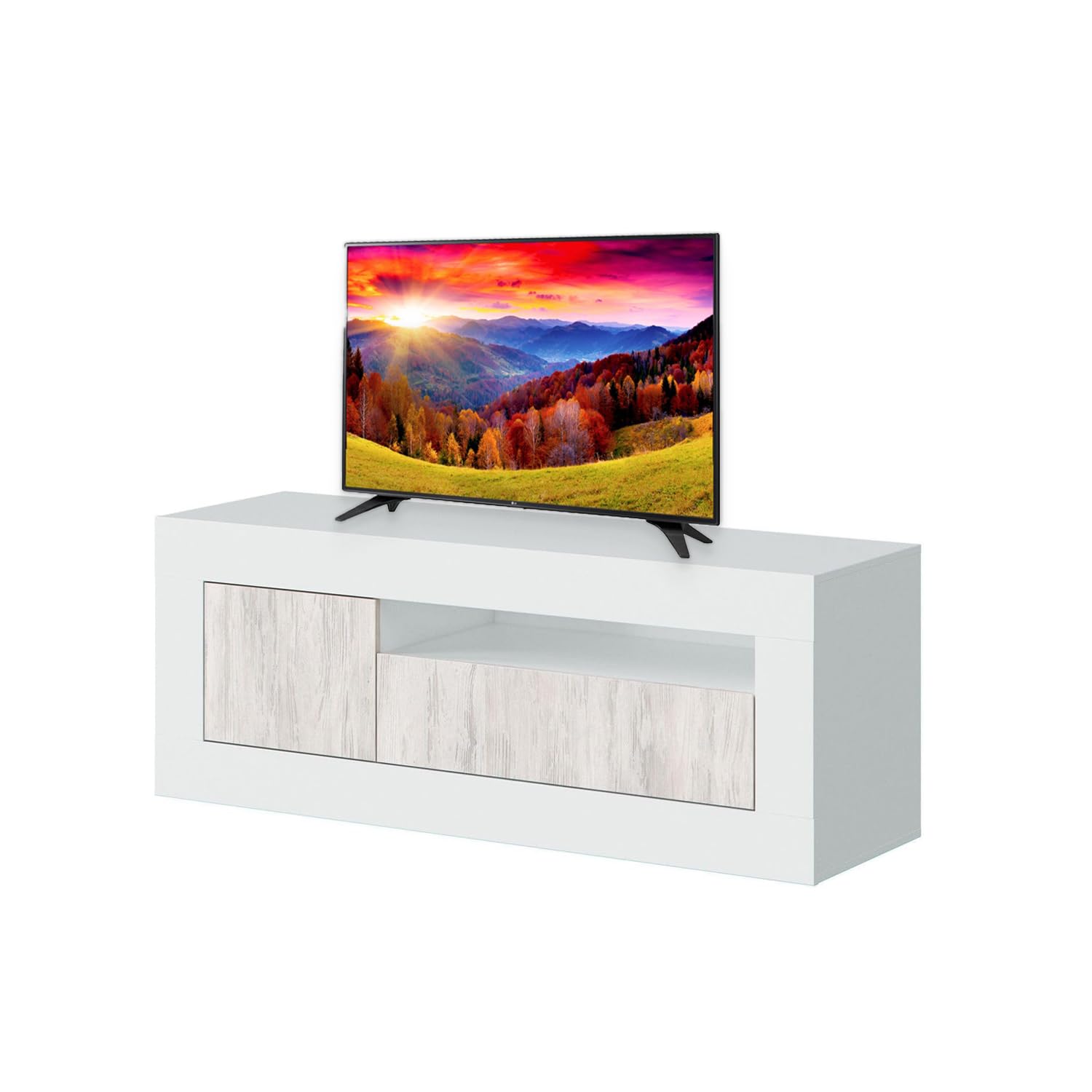 Avilia Mobile Porta TV Mobiletto Basso per TV con 2 Ante e Scomparti Portaoggetti - Con Foro Passacavi Integrato, in MDF, 42x139x53cm, Bianco