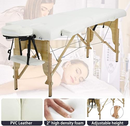 Miniatura 6 de Mesa de masaje portátil plegable de 84 pulgadas de altura ajustable con 2 pestañas plegables con funda de transporte, piel sintética, profesional,