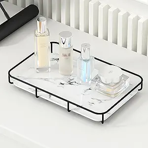 Vanity Tray Makeup Organizer Cosmetics Storage Bathroom Skincare Organizer Countertop Display Rack in Dresser Stainless Steel Shelf Marble Print Ceramic Trays