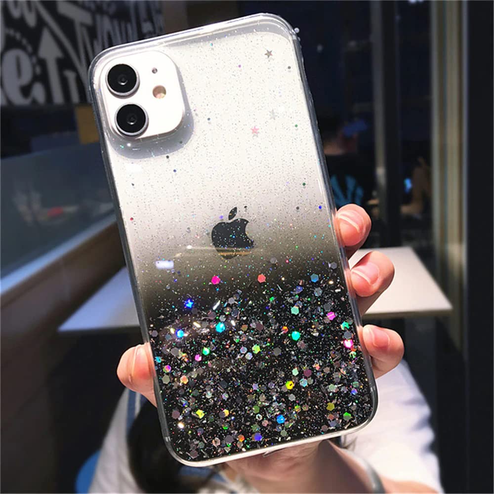 iPhone 14 Plus Clear Sparkly Glitter Transparent iPhone Cover, Soft Protective Bumper Back, Soft TPU Case for Women Girls (Black)