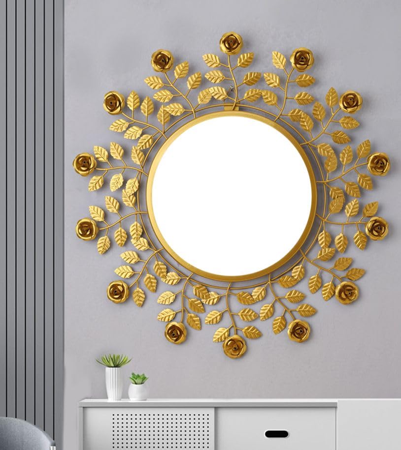 Image of Artemade Iron Framed Rose Stems and Leaves Design Decorative Wall Mounted Round Mirror Modern Hanging Mirror for Living Room, Bedroom (Golden, 60 Cm)