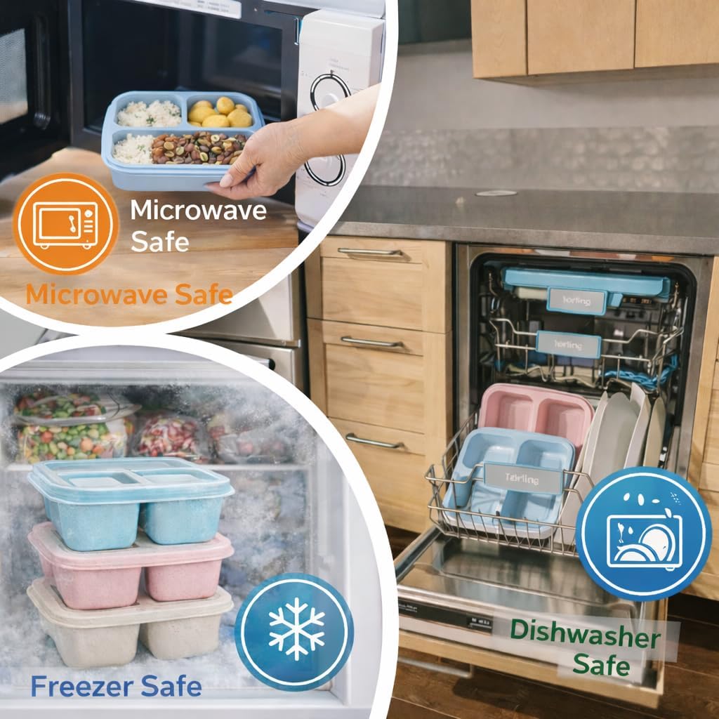 Reusable Meal Prep Containers 3 Pack with 3 Compartments – BPA Free Bento Lunch Box, Stackable Snack Containers with Lids, Microwave & Dishwasher Safe Food Storage for Work & Travel image 3