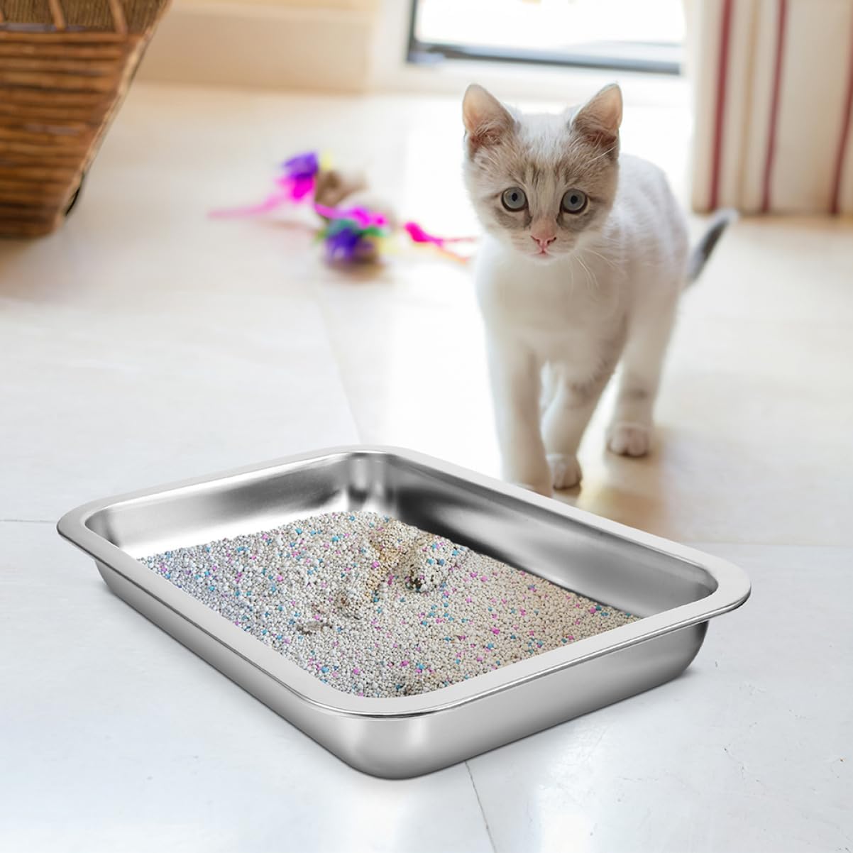 GANAZONO Box Stainless Steel Cat Litter Box Large Portable Litter Tray for Indoor Use Easy to Odor Design Material for Cats