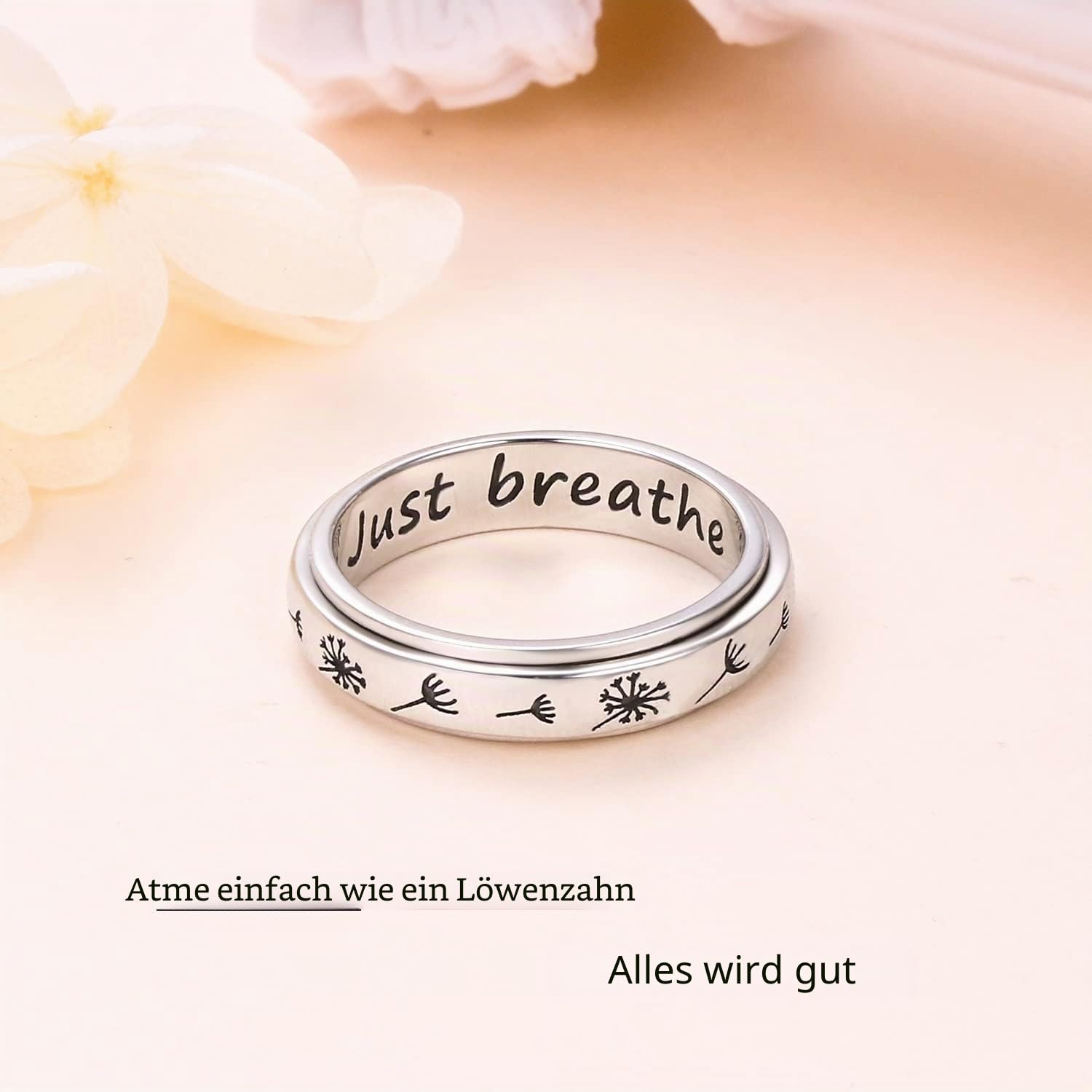 Flyow Weihnachtsgeschenke Just Breathe Spinner Ring für Damen Mädchen 925 Sterling Silber Löwenzahn Fidget Ringe für Angst Stress Relieving ADHD Autismus Ringe Inspirational Boho Band Ring