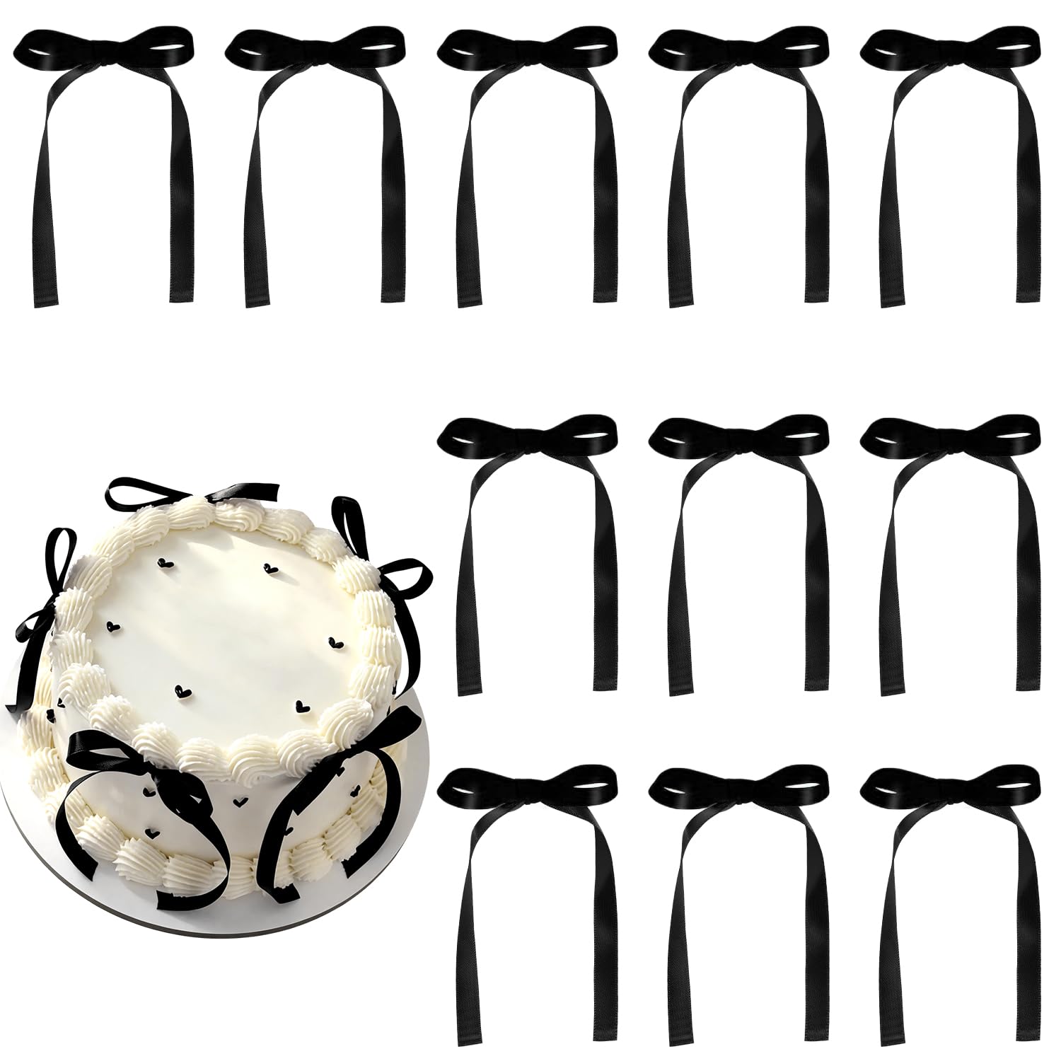 30 PCS Black Bow Cake Toppers - Black Ribbon Bows for Cake Decorations