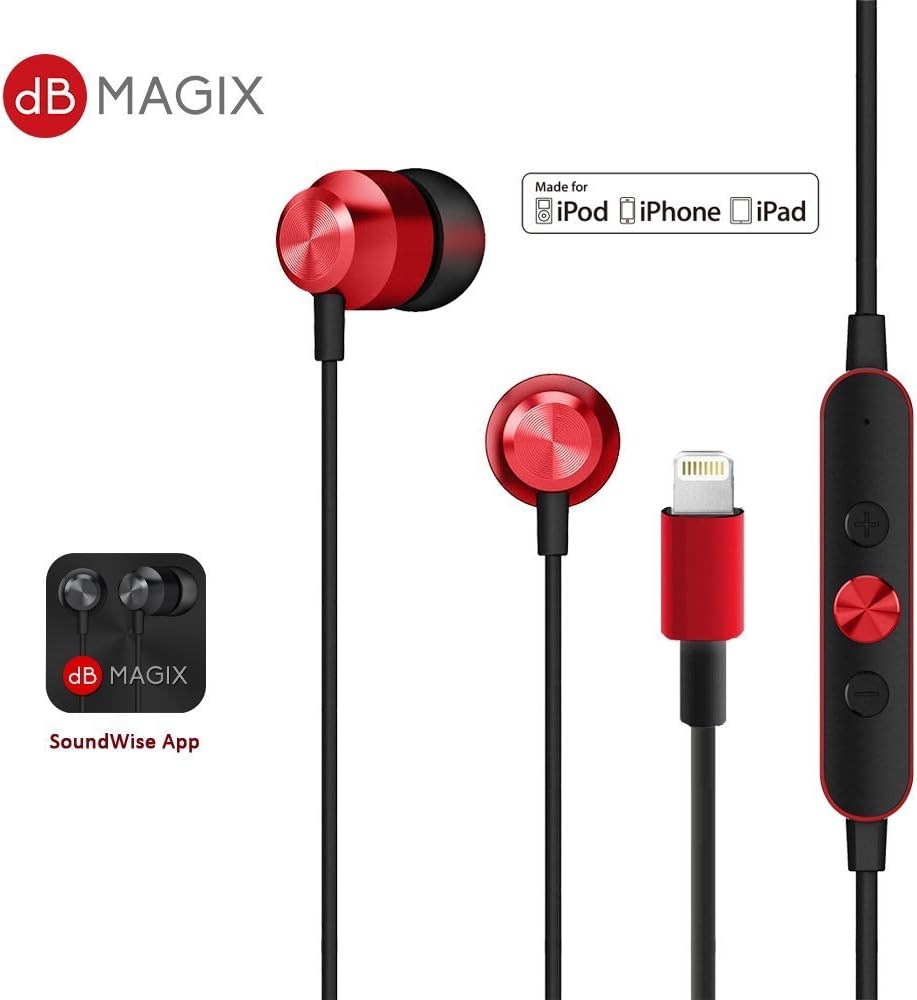 dB MAGIX PLX1 - MFi Certified - Hi-Fi Lightning Earphone for iPhone X iPhone 8 iPhone 7 (Wired,Metallic Red)