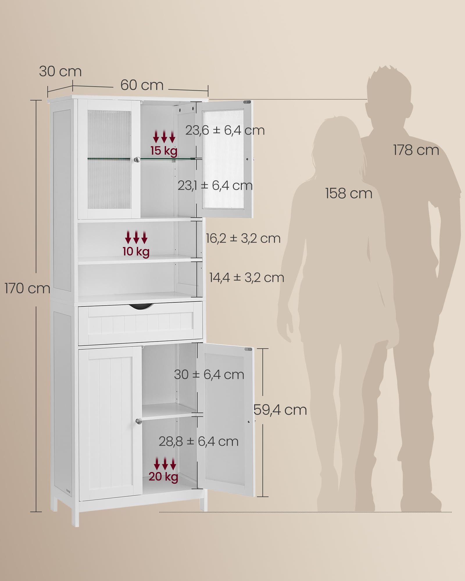 VASAGLE Meuble de Rangement avec Éclairage, Armoire de Salle de Bain, avec Étagères Réglables, Tiroir, Compartiments Ouverts, pour Salle de Bain, Salon, Salle à Manger, Blanc Nuage BBC767W03