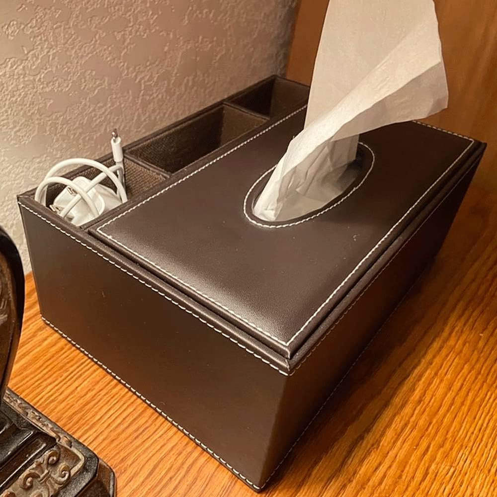 KISSTAKER Multifunction PU Leather Pen Pencil Remote Control Tissue Box Cover Holder Desk Storage Box Container for Home and Office Use (Coffee)