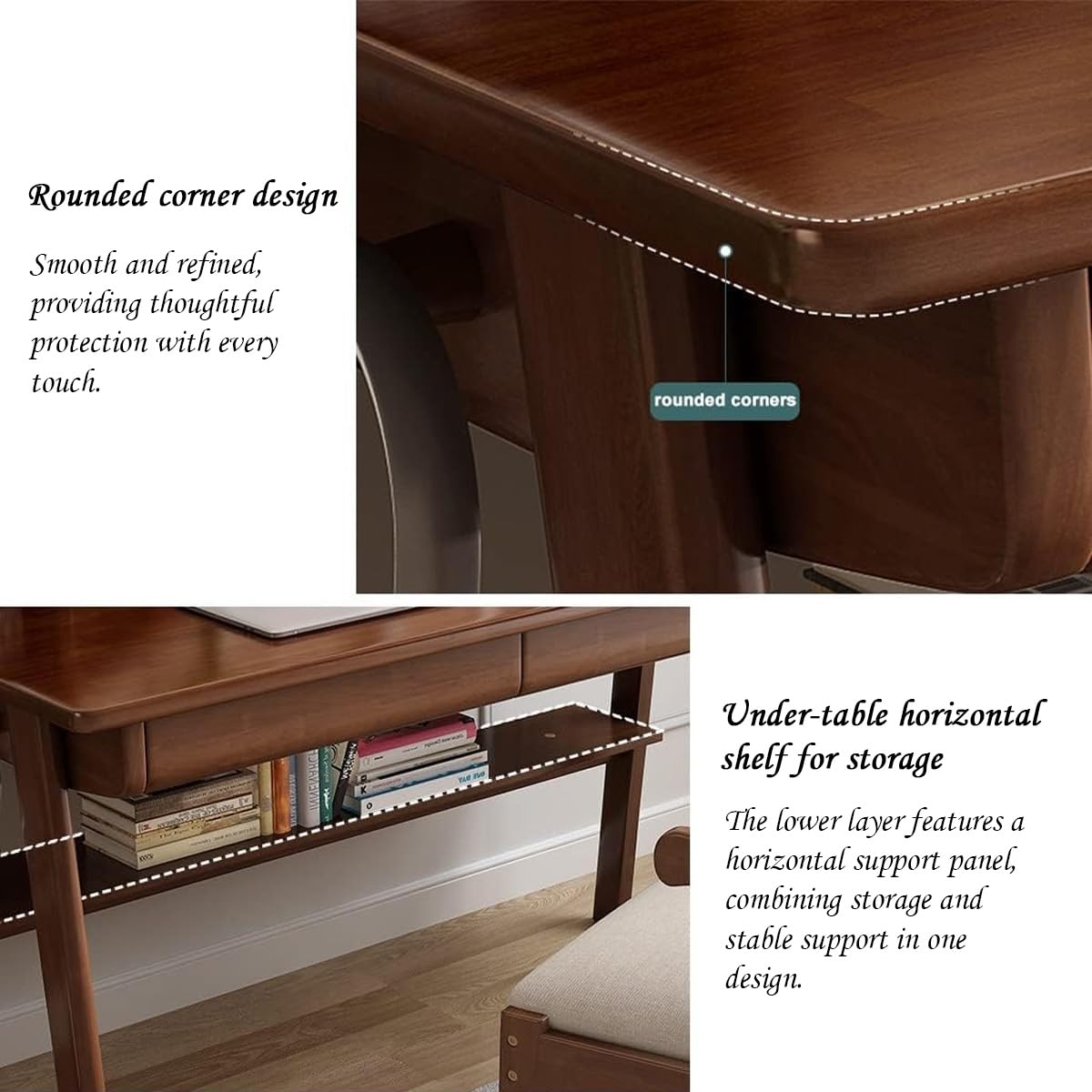 Massivholz Schreibtisch mit 2 Schubladen – Mid-Century Computertisch für Homeoffice, 80/100120 cm Arbeitstisch mit Ablage und Haken, stabiler PC-Tisch für Studenten (Nussbaum, 80cm)